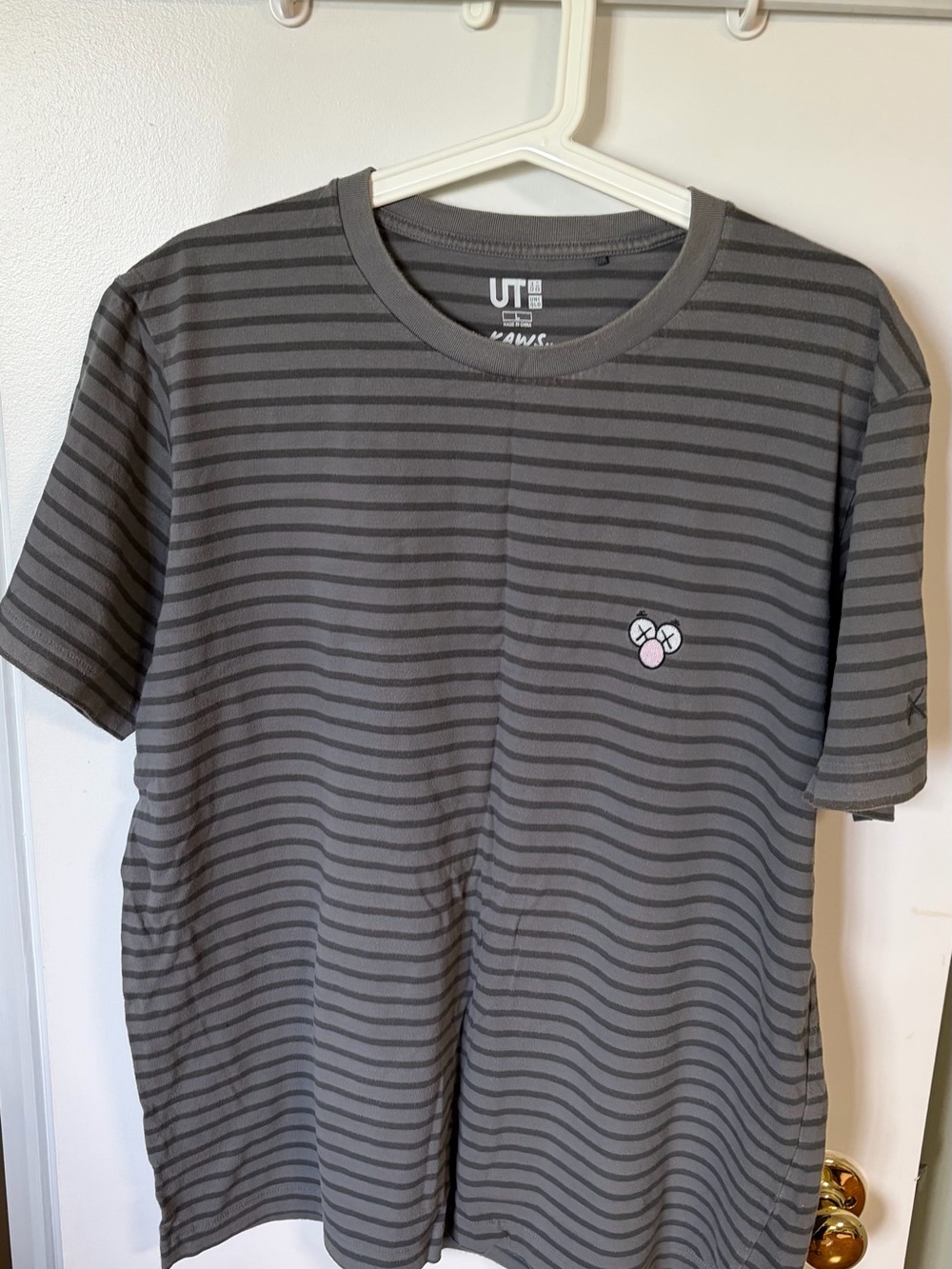 Uniqlo Gray & Dark Gray Striped Short Sleeve Tee with Small Chest Motif